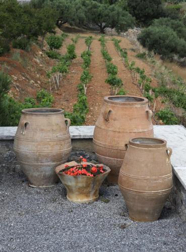 three vases sitting on the ground next to a vineyard at Amvikas suites-Sitia, by Comfortbnb in Sitia