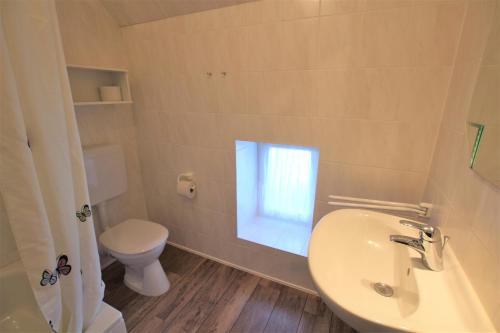 a bathroom with a sink and a toilet and a window at Rosen-Haus in Fehmarn