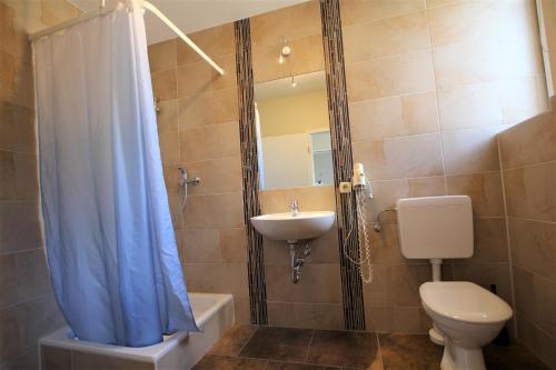 bagno con servizi igienici, lavandino e specchio di Teichhauswohnung a Fehmarn