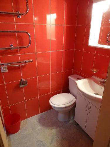 a red bathroom with a toilet and a sink at Apartament - Lisa in Budva