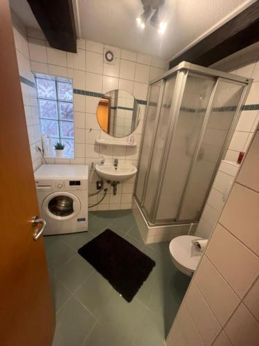ホルツミンデンにあるFerienwohnung Weser 4のバスルーム(シャワー、トイレ、シンク付)