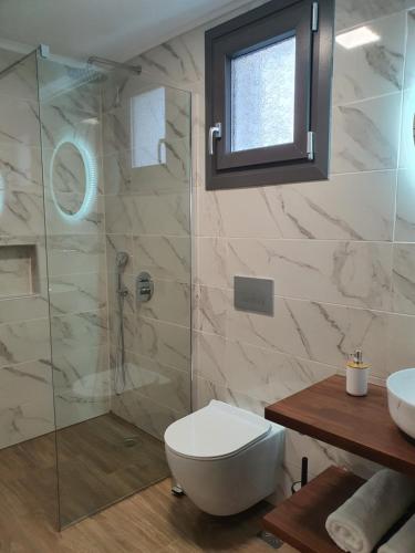 a bathroom with a toilet and a glass shower at Island View Apartments in Moudhros