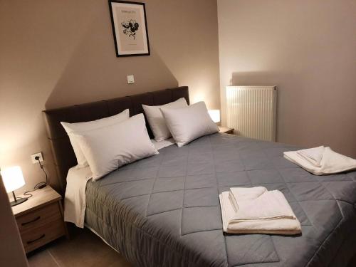 a bedroom with a large bed with two towels on it at Two Brothers Studios Tsilivi Zakynthos in Tsilivi