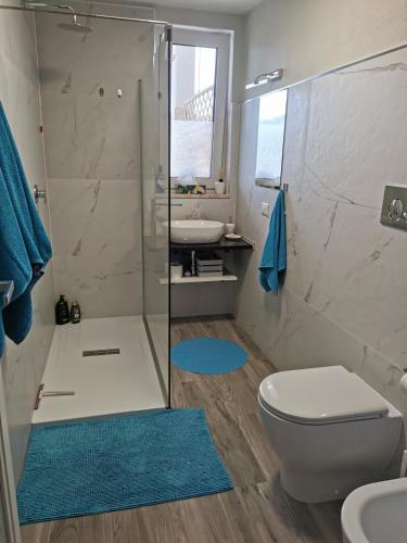 a bathroom with a shower and a toilet and a sink at Casa Cocco in Sant' Isidoro