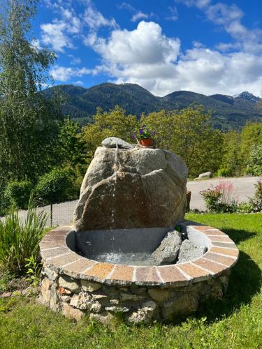 a stone fountain with a rock and a flower pot at Appartamento Sara in Commezzadura
