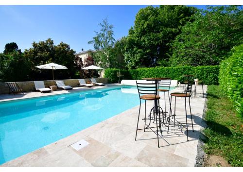 - une piscine avec des chaises et une table à côté de la piscine dans l'établissement Domaine de Plisseau, à Le Rigalet