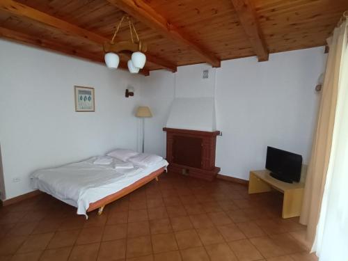 ein Schlafzimmer mit einem Bett und einem TV. in der Unterkunft Lipowy Przylądek- Domek 21 