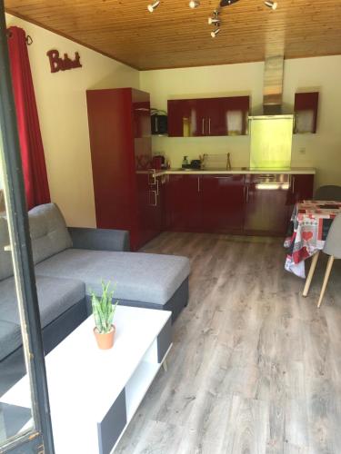a living room with a couch and a table at Hôtel la Kinkerne in Morzine
