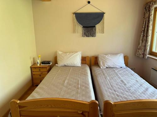 2 camas individuales en un dormitorio con ventana en Villa Green Alchemy, en Molėtai