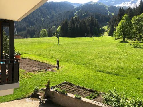 a person standing in a field of grass with mountains in the background at Hôtel la Kinkerne in Morzine