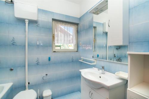 a blue bathroom with a sink and a toilet at Apartments Zivana in Zaboric