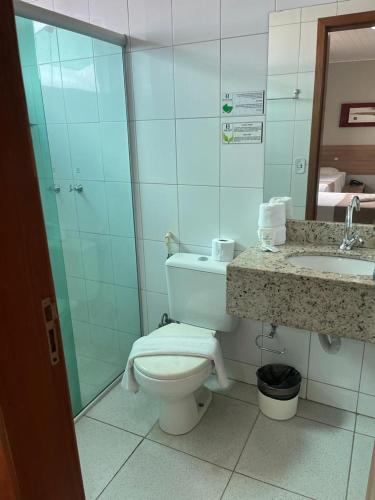 a bathroom with a toilet and a shower and a sink at Larison Economy by Easy Hotéis in Porto Velho