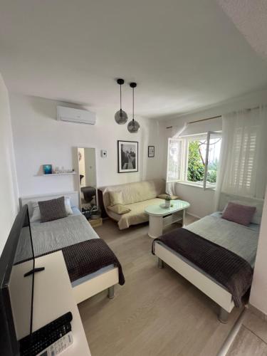Center town apartment Lipa Mala في غراداك: غرفة معيشة بها سريرين وأريكة