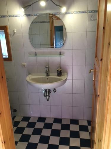 uma casa de banho com um lavatório e um espelho em Alte Stellmacherei Langenhorn em Langenhorn