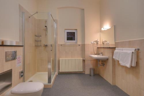 a bathroom with a shower and a toilet and a sink at Hotel Kavalír in Karlovy Vary