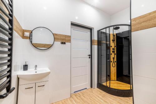 a bathroom with a sink and a mirror at Rezydencja Klonowa in Ober Wüstegiersdorf