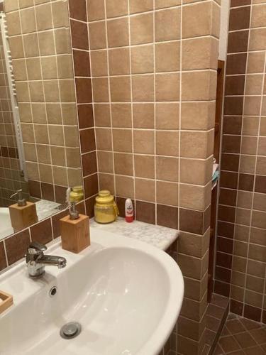 a bathroom with a sink and a mirror at Grazioso appartamento tra Roma e il mare in Rome
