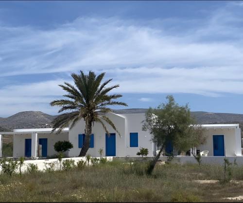 a white building with blue doors and a palm tree at Villa on the beach, Sarpakis Villa in Tzamaria