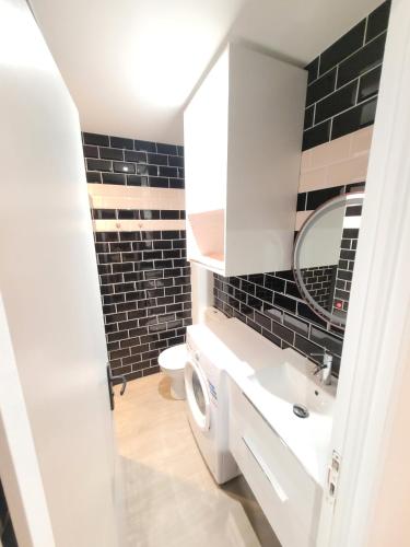 La salle de bains est pourvue d'un lavabo et d'un lave-linge. dans l'établissement 2 LITS DOUBLE T2 SUR PORT CLIM PARKING PRIVE 2mn PLAGES, au Cap d'Agde