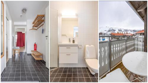 2 Aussicht auf ein Bad mit einem Balkon und einer Küche in der Unterkunft Lägenheter Hamrafjället Tänndalen in Tänndalen