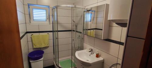 a small bathroom with a sink and a shower at Apartment Biondic in Senj