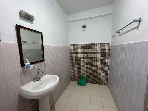 a bathroom with a sink and a mirror at Peppy Nomads Apartment in Jibhi