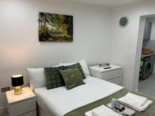 Central Harrow Cozy Apartment with free parking في Harrow on the Hill: غرفة نوم بسرير ودهان على الحائط