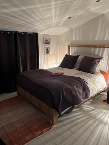 een slaapkamer met een groot bed en zwarte gordijnen bij Gite Mimosa in Saint-Florent-des-Bois