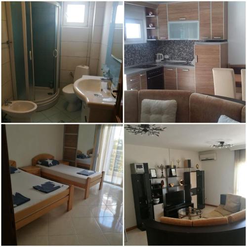 drie foto's van een keuken en een woonkamer bij Apartmani Kuburović 1 in Sutomore