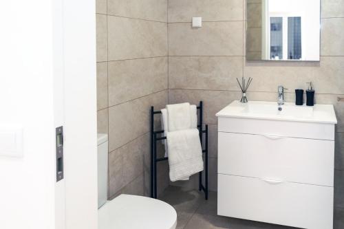 La salle de bains est pourvue d'un lavabo blanc et de toilettes. dans l'établissement Sunscape Nature Apt de 1 quarto Ponta do Sol, à Ponta do Sol