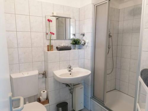 W łazience znajduje się umywalka, toaleta i prysznic. w obiekcie Möbliert-Parking - Zeche Zollverein -NETFLIX-WLAN w Essen