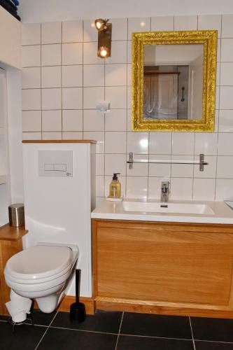 une salle de bain avec toilettes, lavabo et miroir dans l'établissement Appartement confortable au pied des pistes avec vue imprenable, à Villard-Reculas