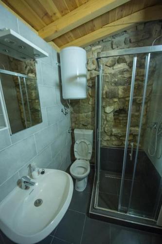 a bathroom with a toilet and a sink and a shower at Holiday home Raos - a special stonehouse, Brela in Brela