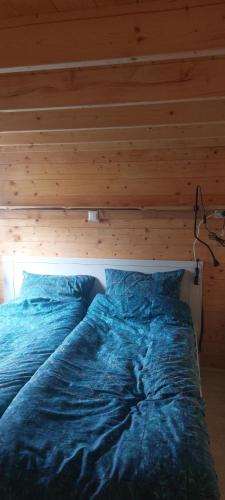 a bed in a room with a wooden wall at Grêft- Camping Buorren1 in Warstiens