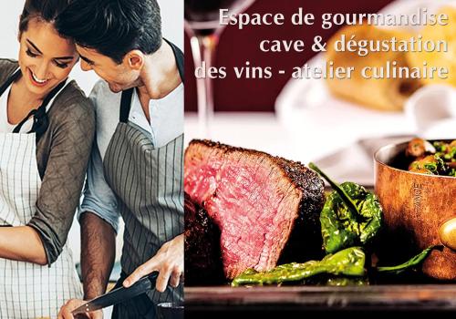 a woman in an apron cutting meat with a knife at Villa 'Deux Couples' dans le Paradis des Gourmands, de paix et de quiétude - inclus Soirée Dégustation Vin & Viande in Saint-Jean-de-Côle