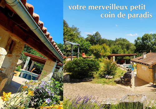 a collage of two pictures of a garden at Villa 'Deux Couples' dans le Paradis des Gourmands, de paix et de quiétude - inclus Soirée Dégustation Vin & Viande in Saint-Jean-de-Côle