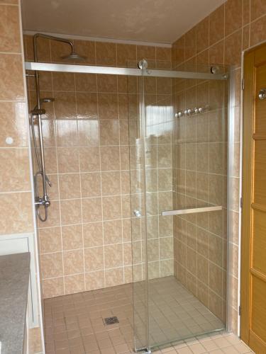 une douche avec une porte vitrée dans une salle de bain dans l'établissement Suite Magdelaine - Vue Cathédrale, à Reims