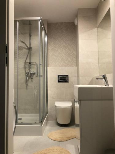 een badkamer met een douche, een toilet en een wastafel bij Komfort z balkonem w centrum in Wrocław
