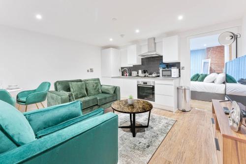 a living room with a couch and a table at Modern 1 Bed Apartment in Burton-on-Trent in Burton upon Trent