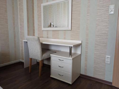 bagno con lavandino, sedia e specchio di Quiet apartment with green view in urban location a Braunschweig