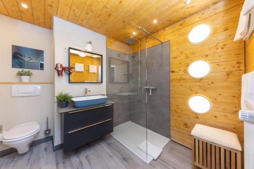 a bathroom with a shower and a sink and a toilet at FerienNest Bad Ems, Appartment RankenNest in Bad Ems