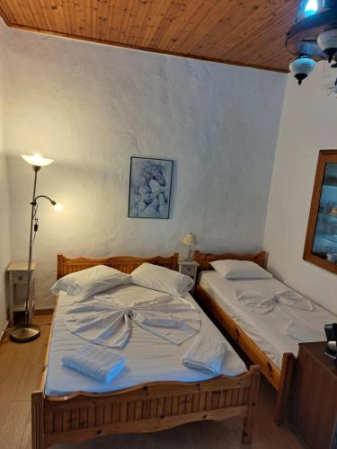 2 aparte bedden in een kamer met een lamp bij Elgina Apartments 1 Rethymno in Plakias