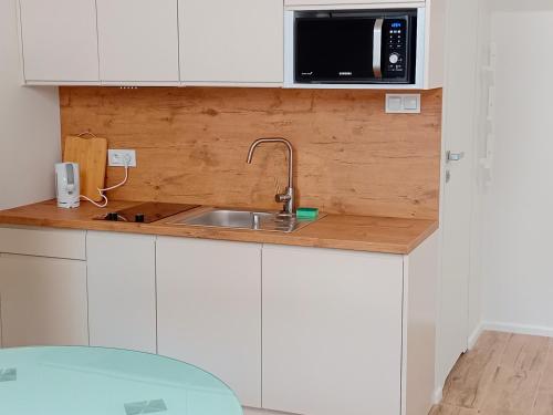 a kitchen with a sink and a microwave at Apartamenty Elbląska 20A in Braniewo