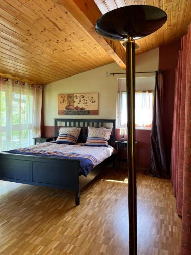 a bedroom with a bed with a wooden ceiling at Chambres dans villa avec piscine in Veyrier