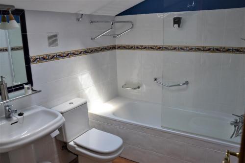 a bathroom with a toilet and a tub and a sink at Hostal Infanta Doña Leonor in Palencia