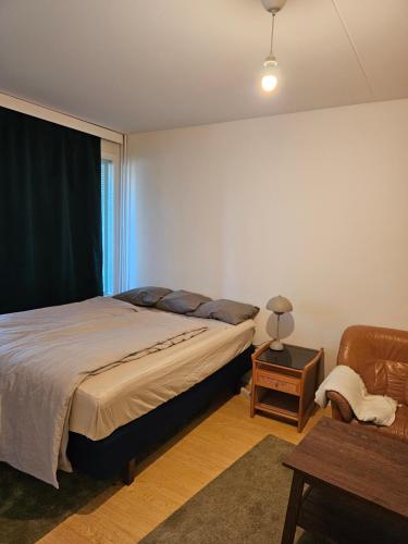 Comfortable 1 bedroom apartment in Helsinki في هلسنكي: غرفة نوم بسرير كبير وكرسي