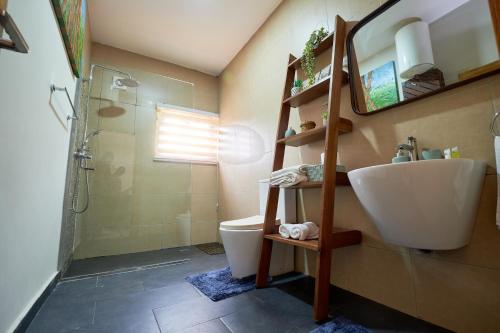 a bathroom with a sink and a toilet and a mirror at The Avery at Windsor Apartments, Osu in Accra