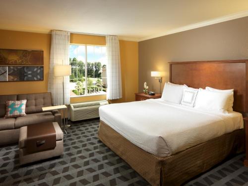 ヒューストンにあるTownePlace Suites Houston Intercontinental Airportの大きなベッドとソファが備わるホテルルームです。