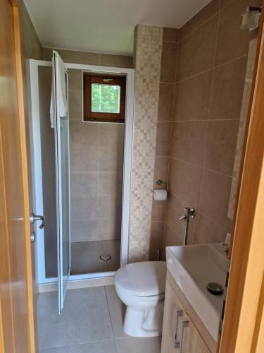 a bathroom with a toilet and a shower and a sink at Csalánosi Vendégház in Kecskemét