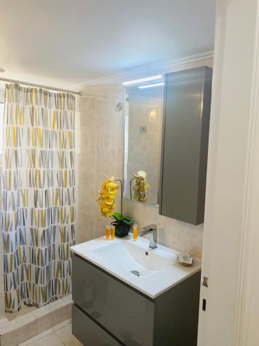 a bathroom with a sink and a shower at 2 BD Apt in Koukaki 8’ away from Acropolis in Athens